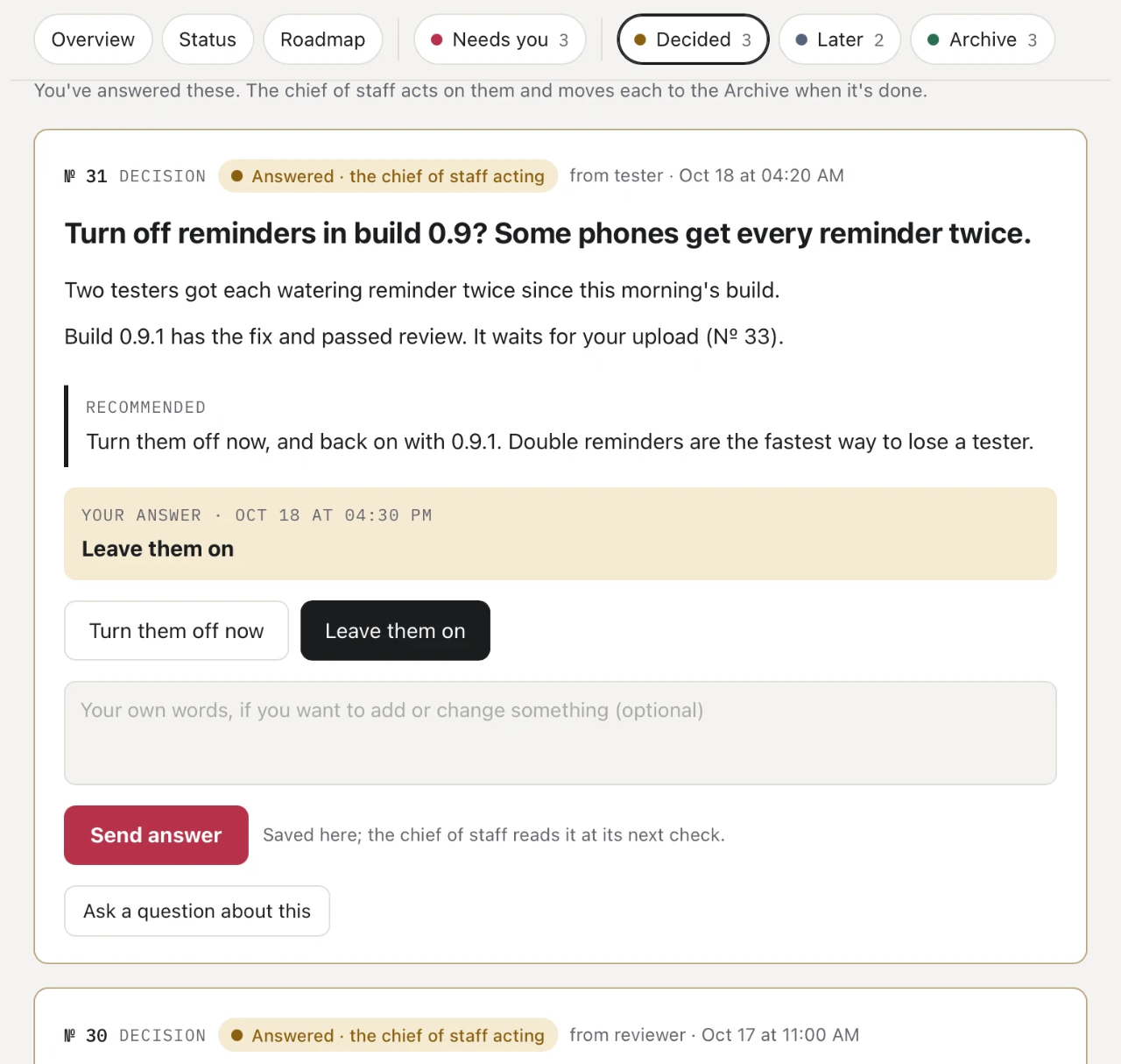 The Decided tab on an iPad: a decision with the owner's saved answer, and buttons to change it