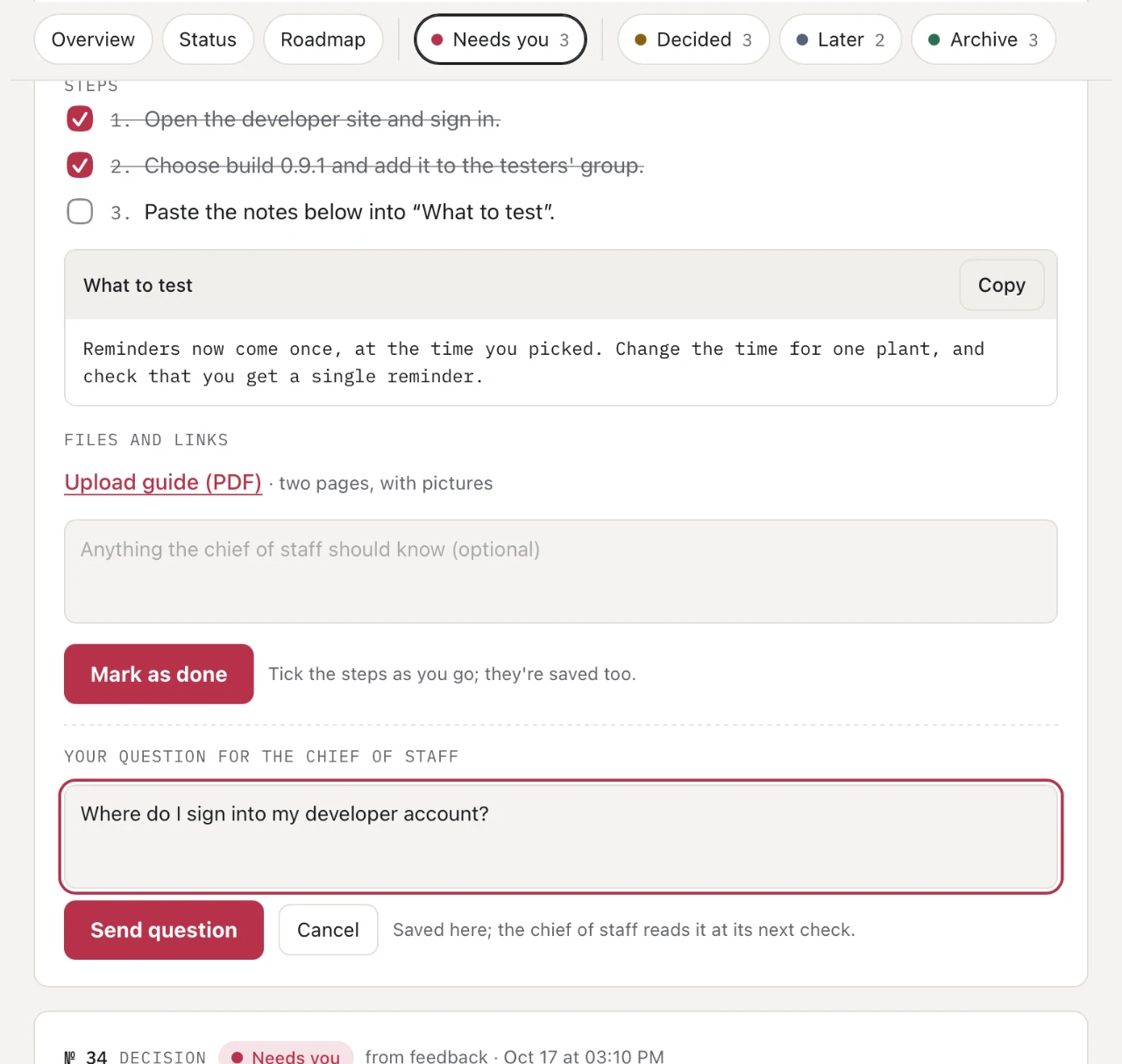 A task on an iPad: two of three steps ticked, text to copy, a guide to open, and a question for the chief of staff being written